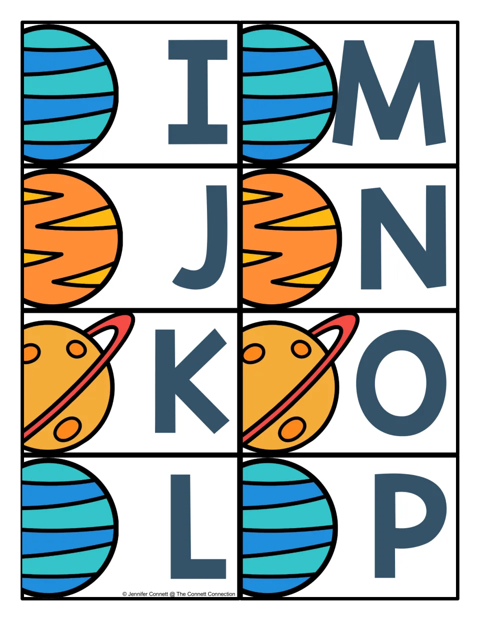 Alphabet cards I–P: eight uppercase letter cards in the set accompanying the letter recognition mats