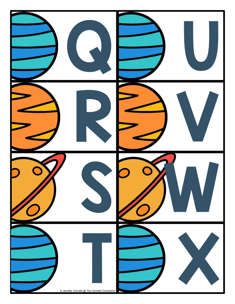 Alphabet cards Q–X: eight uppercase letter cards in the set accompanying the letter recognition mats
