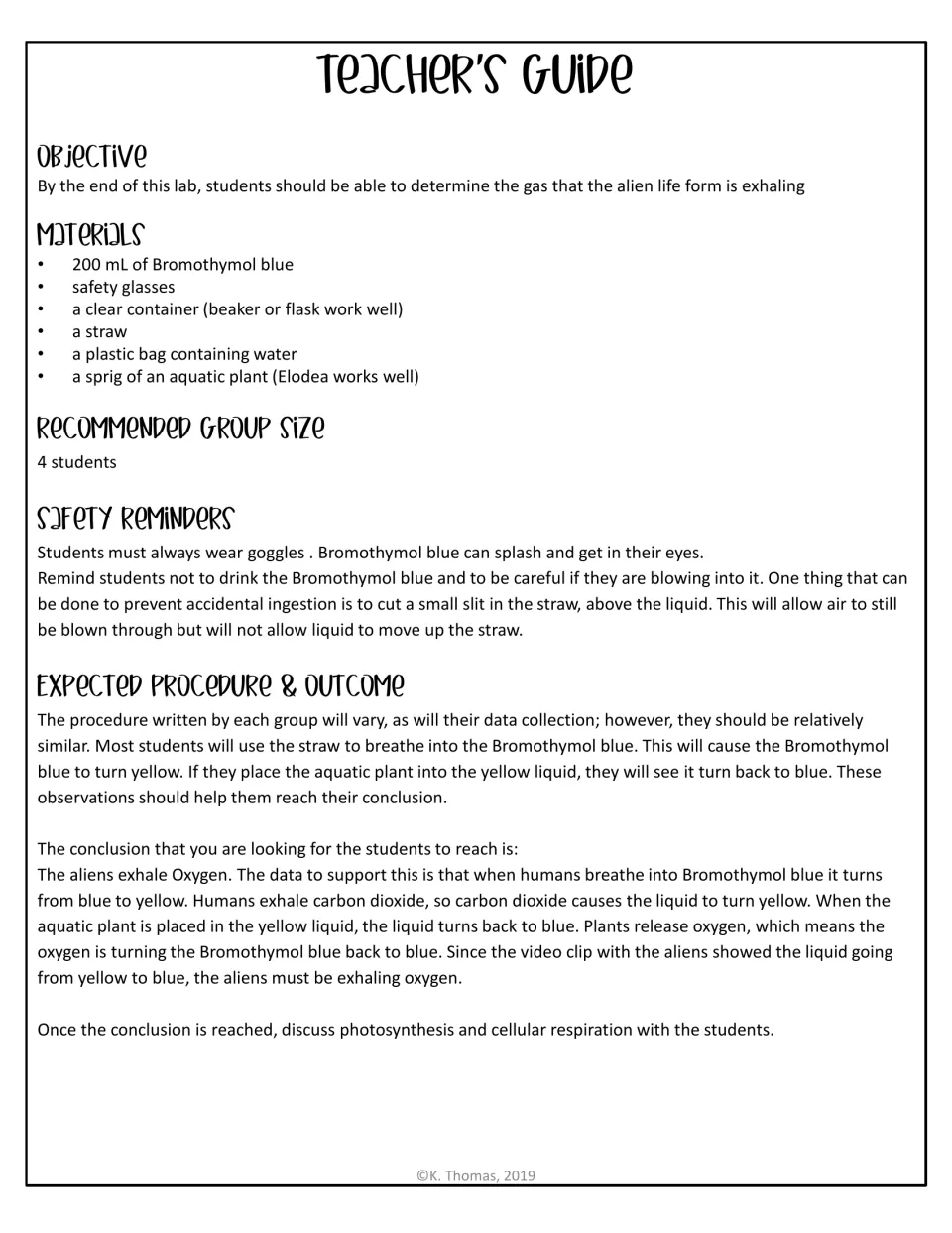 Teacher's guide for a bromothymol blue lab: objective, materials, safety reminders and the expected oxygen conclusion