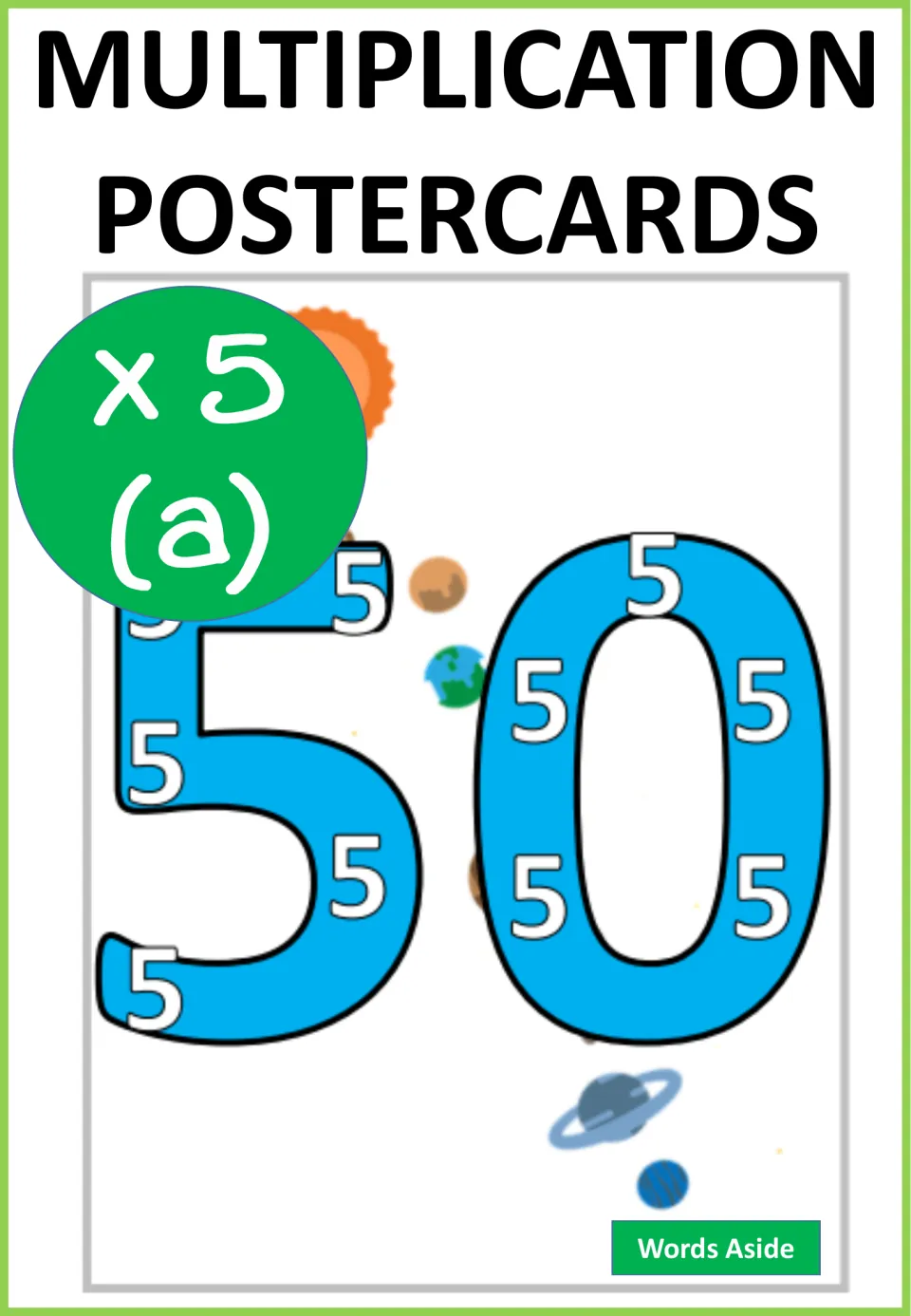 Cover of the multiplication poster set labeled 'MULTIPLICATION POSTERCARDS' and 'x5 (a)', featuring 50