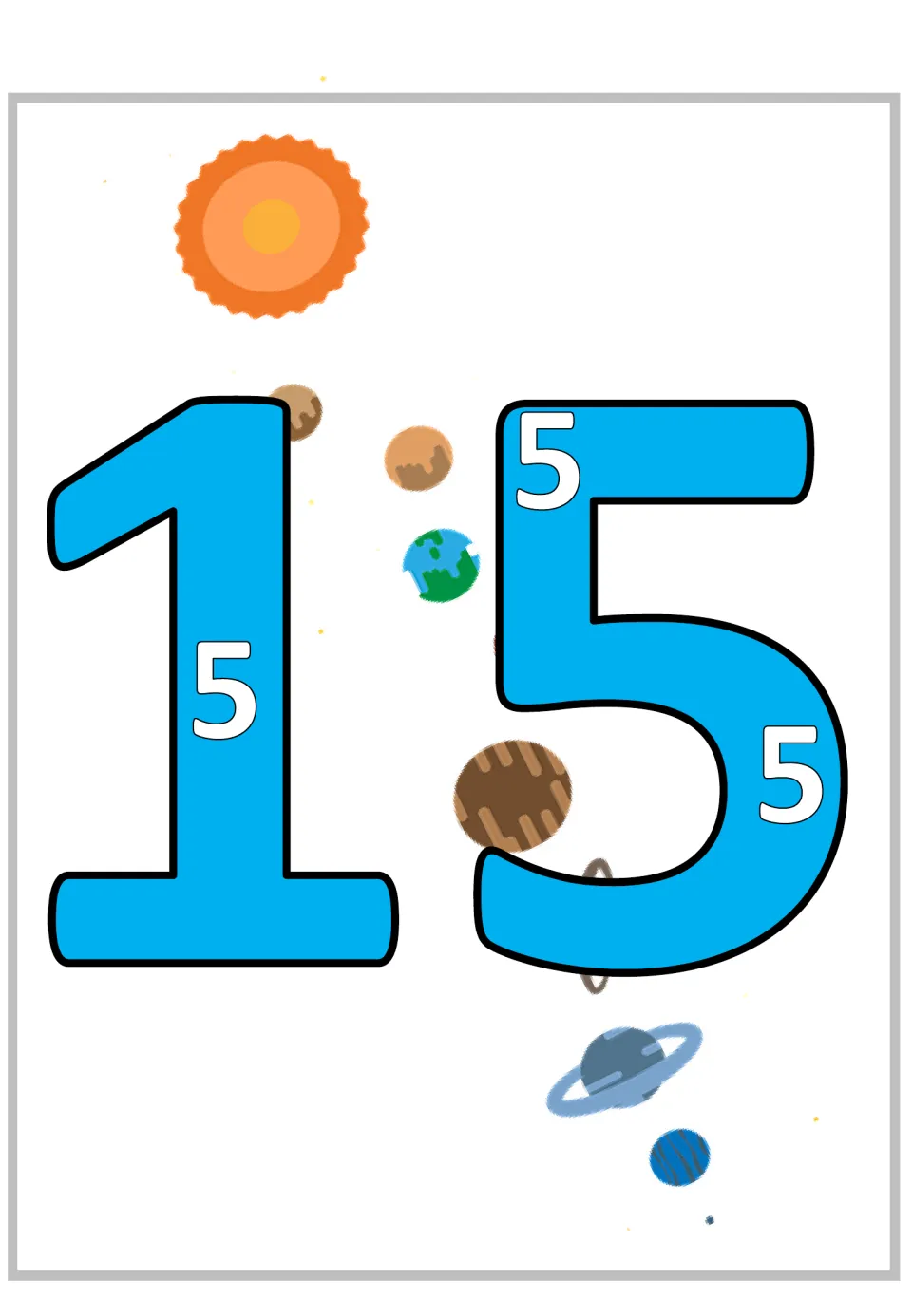 Multiplication by 5 poster showing a large 15 containing three smaller 5s to represent three groups of five