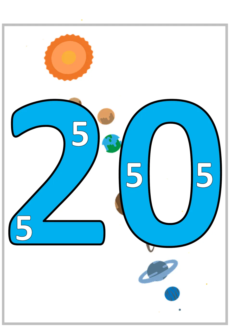Multiplication by 5 poster showing a large 20 containing four smaller 5s to represent four groups of five