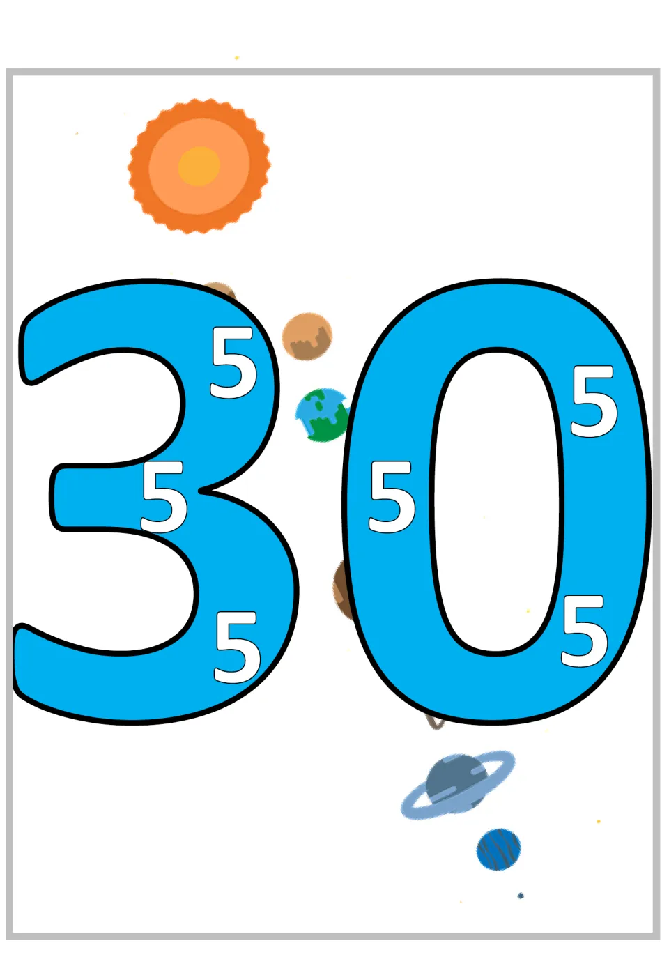 Multiplication by 5 poster showing a large 30 containing six smaller 5s to represent six groups of five