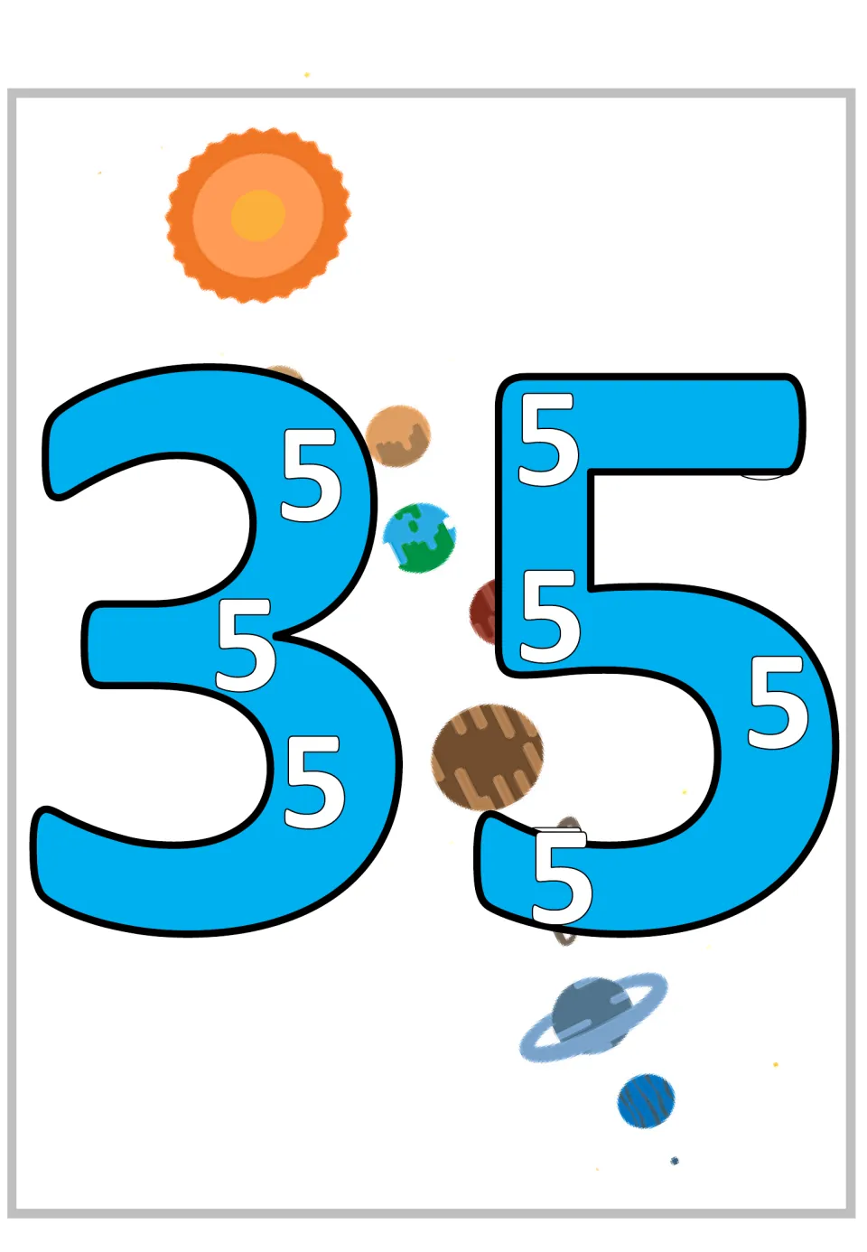 Multiplication by 5 poster showing a large 35 containing seven smaller 5s to represent seven groups of five