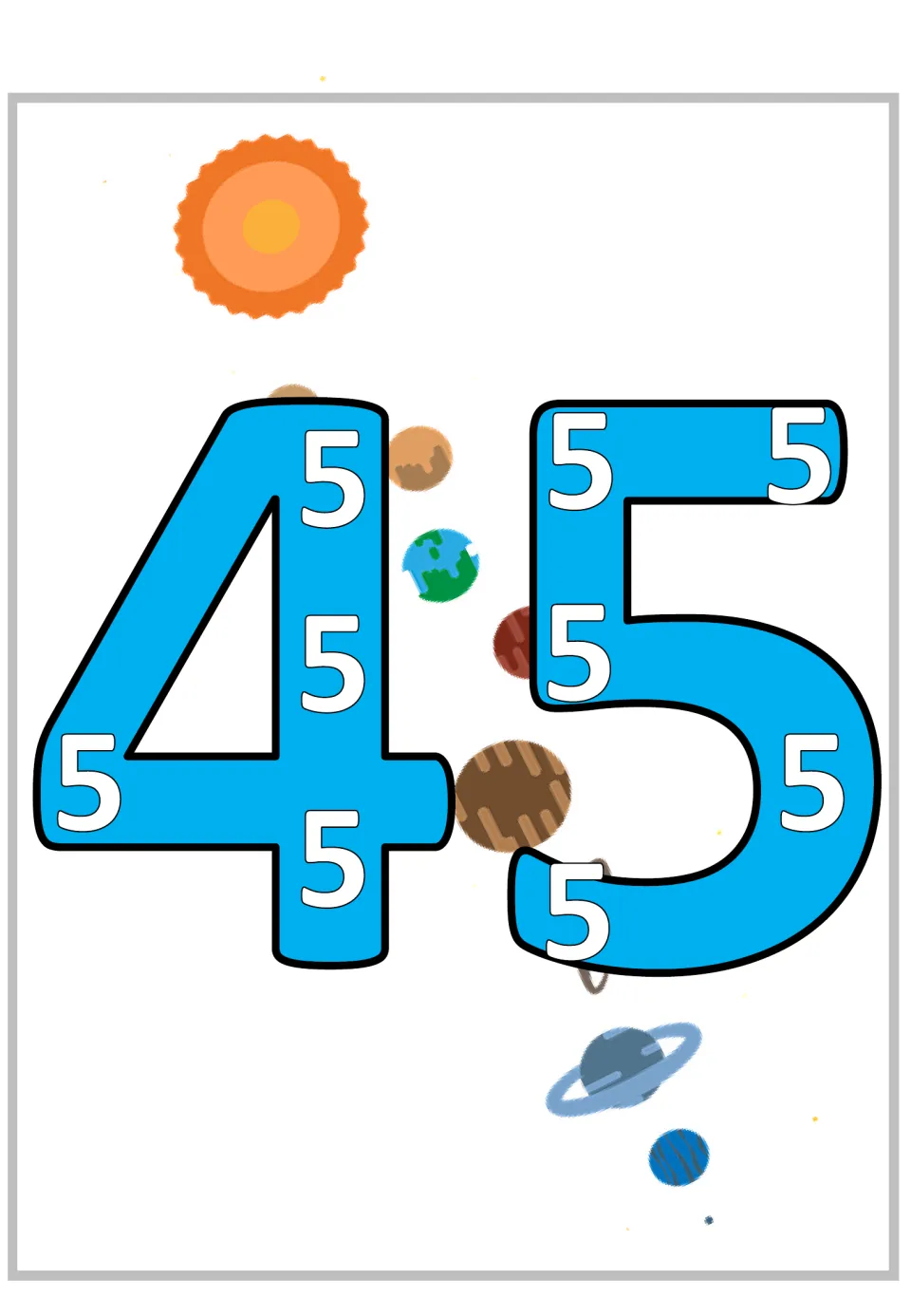 Multiplication by 5 poster showing a large 45 containing nine smaller 5s to represent nine groups of five