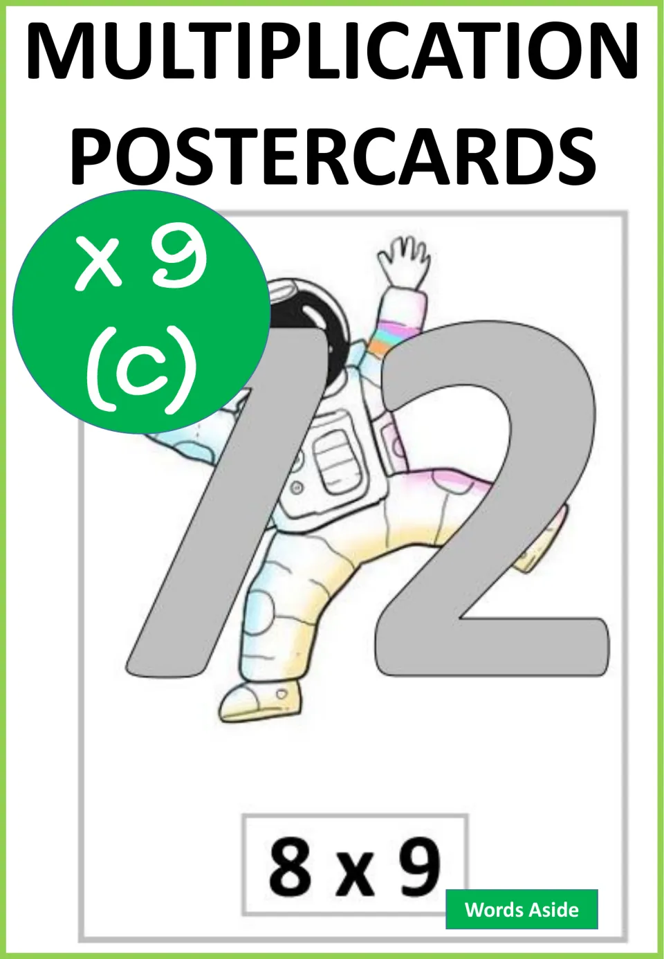 Cover of the multiplication poster card set marked x9 (c), featuring the fact 8 × 9 and its product, 72