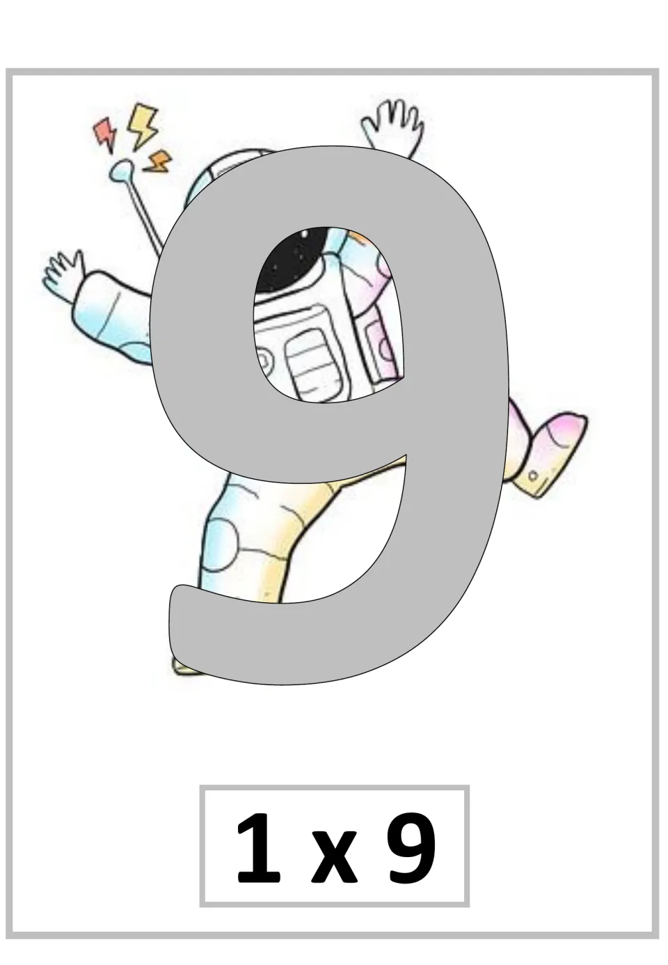 Multiplication poster for 1 × 9, showing the product 9 as the first fact in the supplied nine-times sequence
