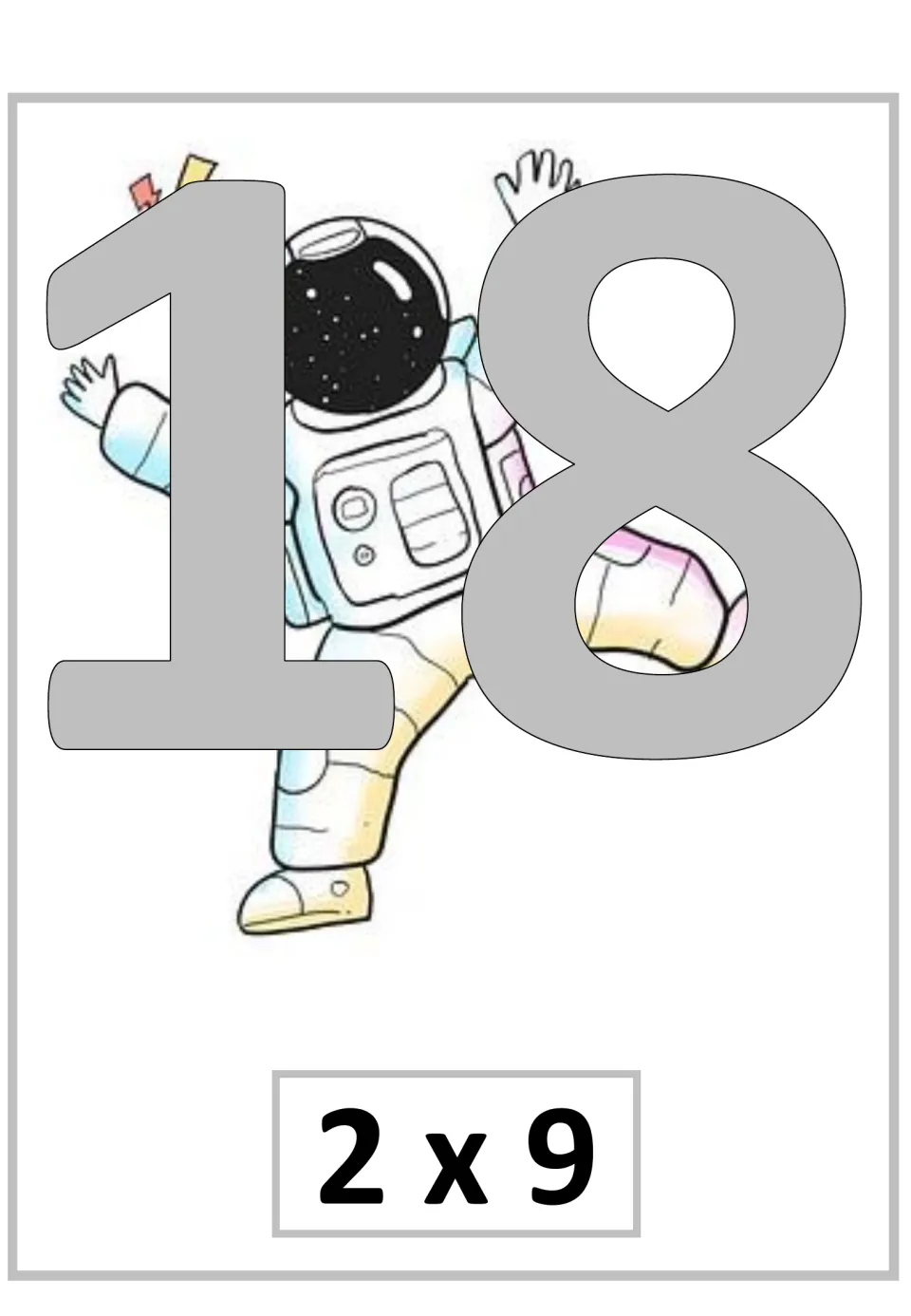 Multiplication poster for 2 × 9, showing the product 18 as the second fact in the supplied nine-times sequence