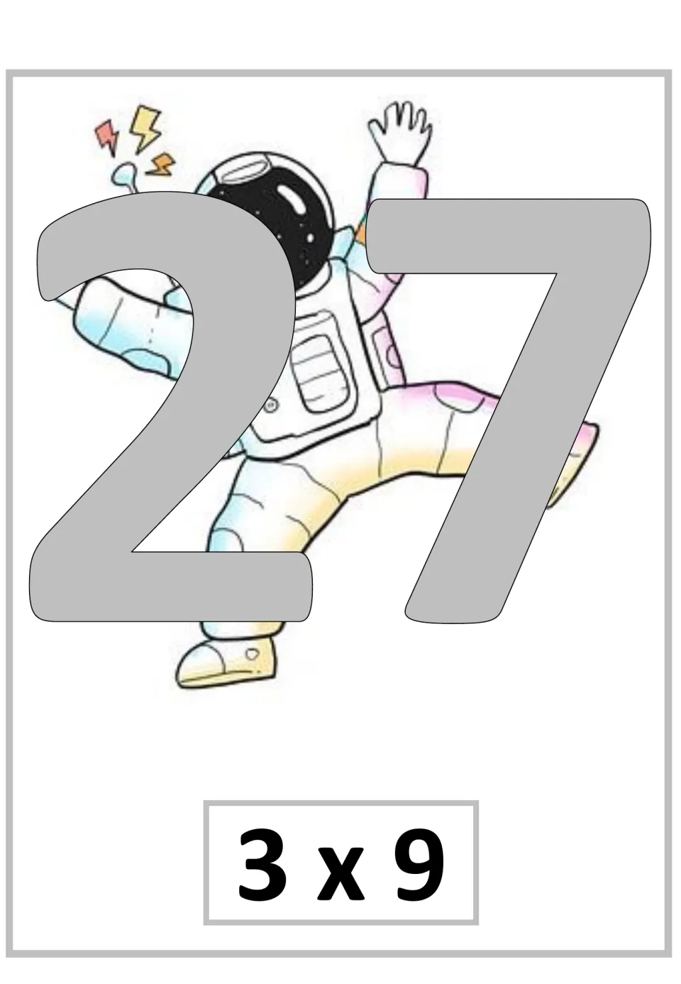 Multiplication poster for 3 × 9, showing the product 27 as the third fact in the supplied nine-times sequence