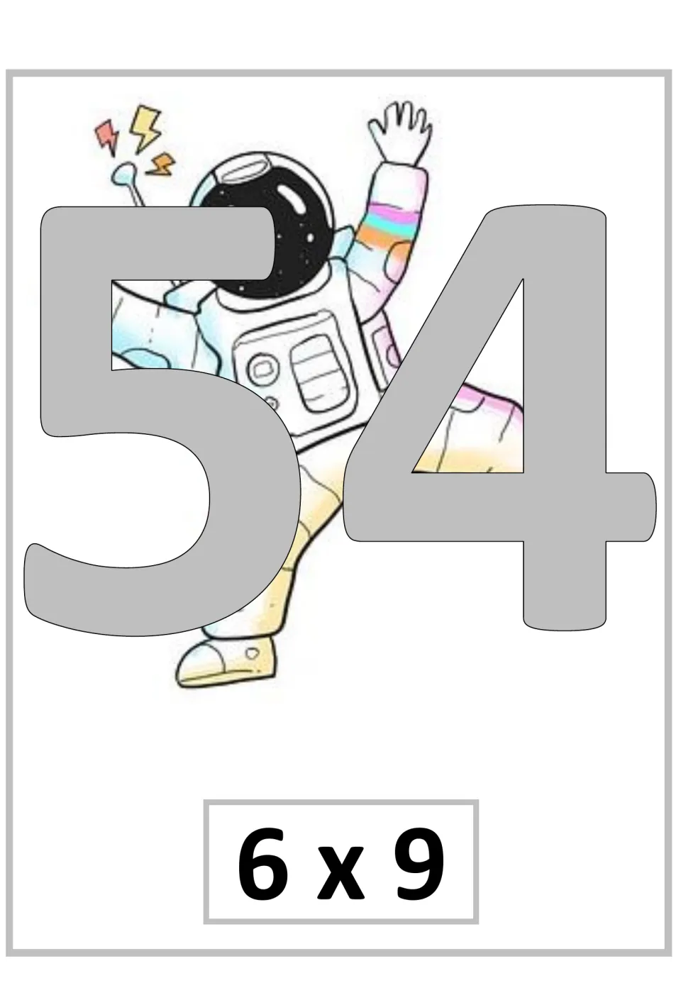 Multiplication poster for 6 × 9, showing the product 54 as the sixth fact in the supplied nine-times sequence