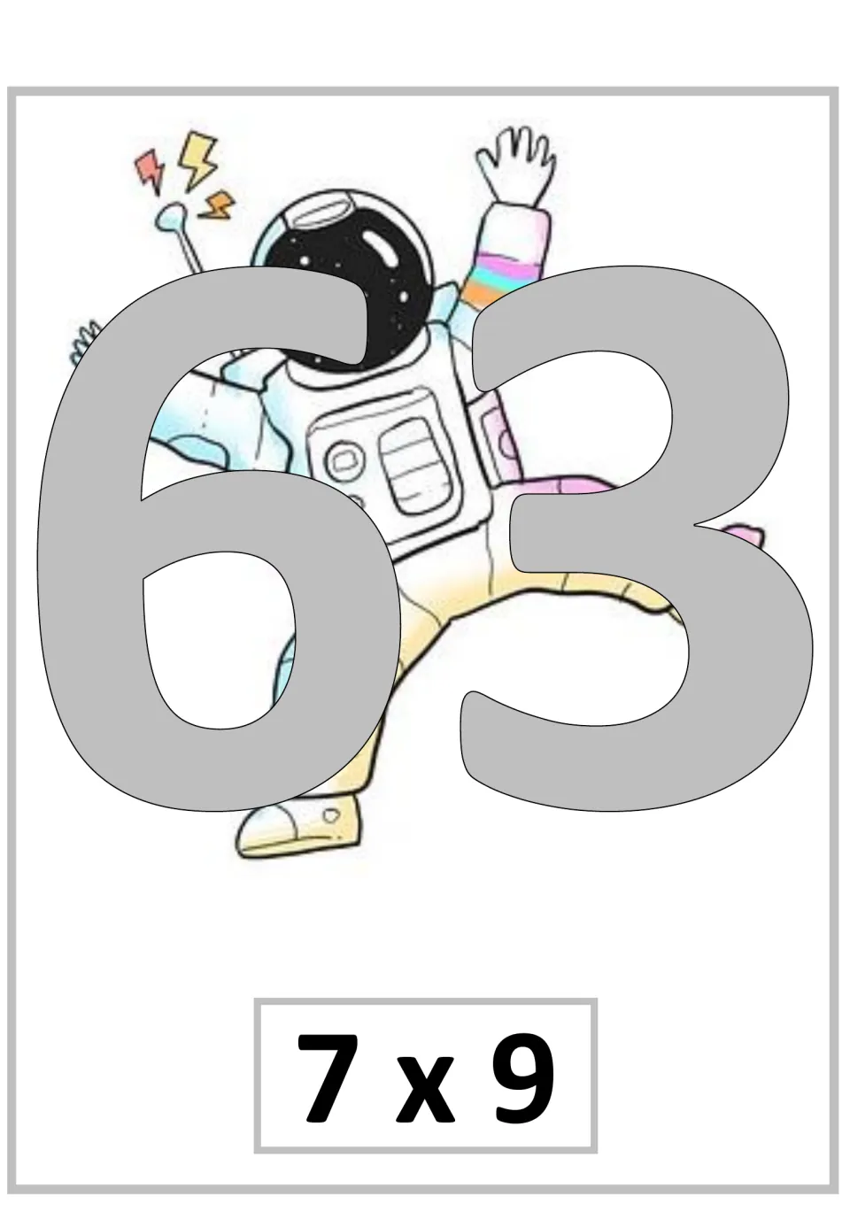 Multiplication poster for 7 × 9, showing the product 63 as the seventh fact in the supplied nine-times sequence