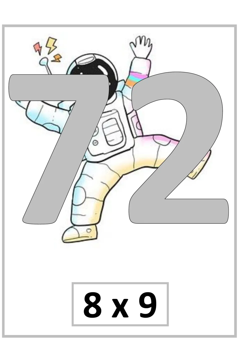 Multiplication poster for 8 × 9, showing the product 72 as the eighth fact in the supplied nine-times sequence