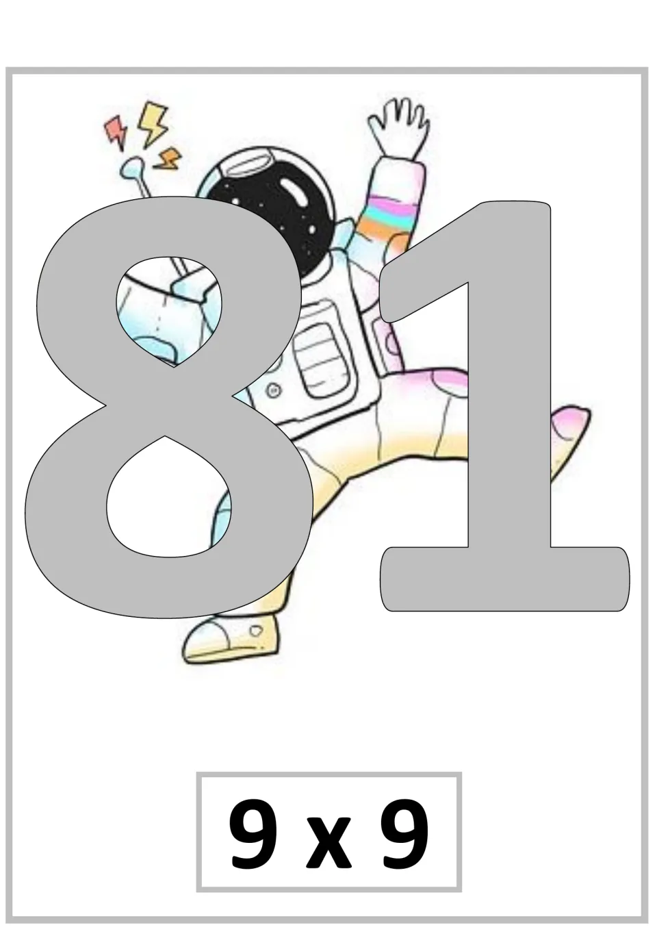 Multiplication poster for 9 × 9, showing the product 81 as the ninth fact in the supplied nine-times sequence