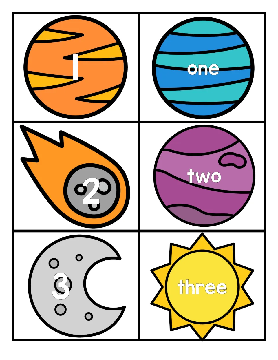 Numbers 1 to 3: numeral cards on a planet, comet and moon plus word cards one, two, three for matching numerals to words