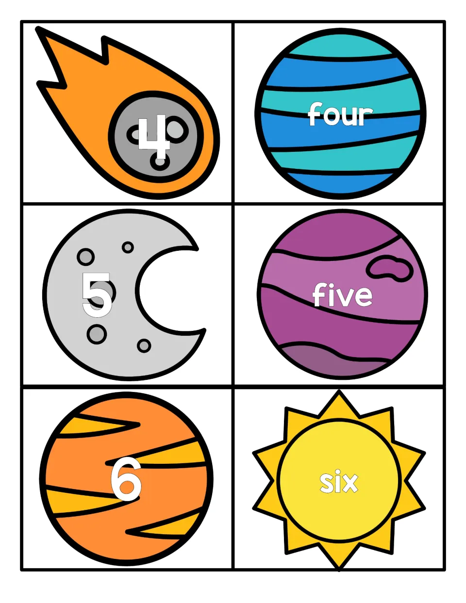 Numbers 4 to 6: numerals on comet, moon and planet cards with word cards four, five, six to pair each numeral with its word