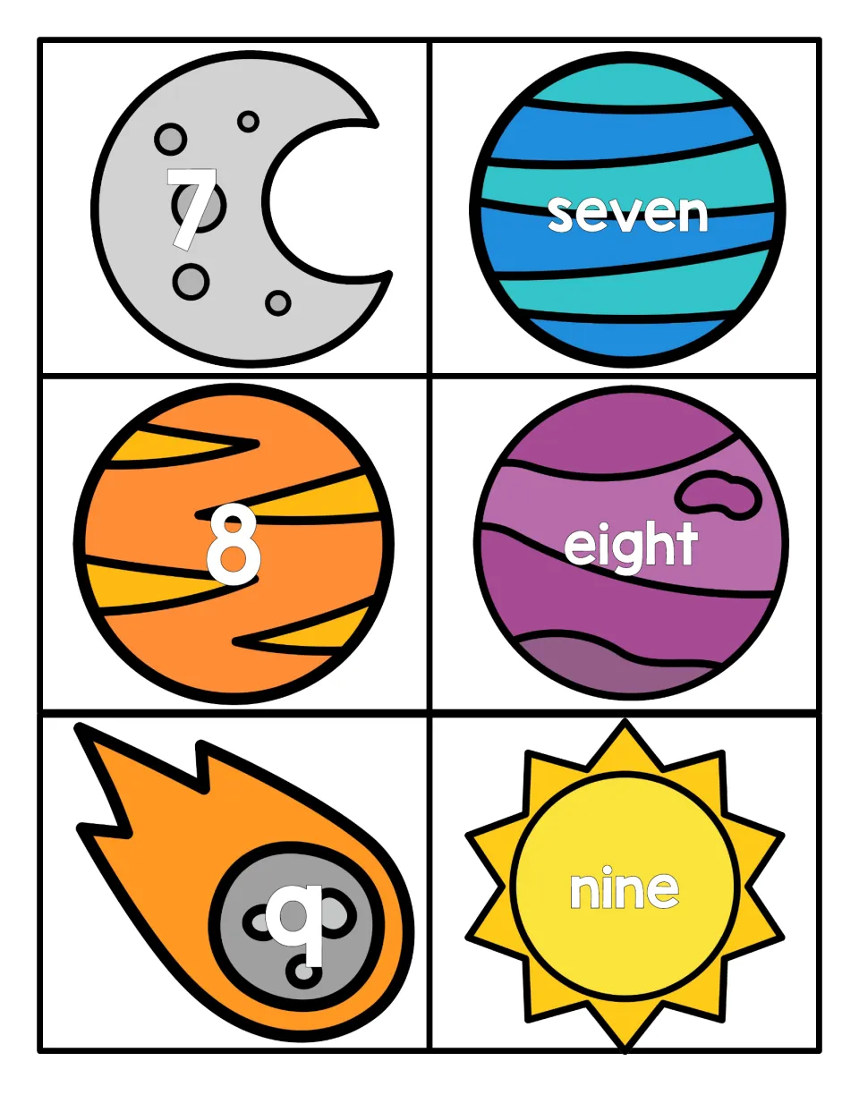 Numbers 7 to 9: numeral cards on moon, planet and comet with word cards seven, eight, nine for numeral-word matching