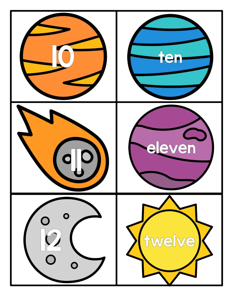Numbers 10 to 12: numerals on planet, comet and moon cards plus word cards ten, eleven, twelve for reading two-digit numbers
