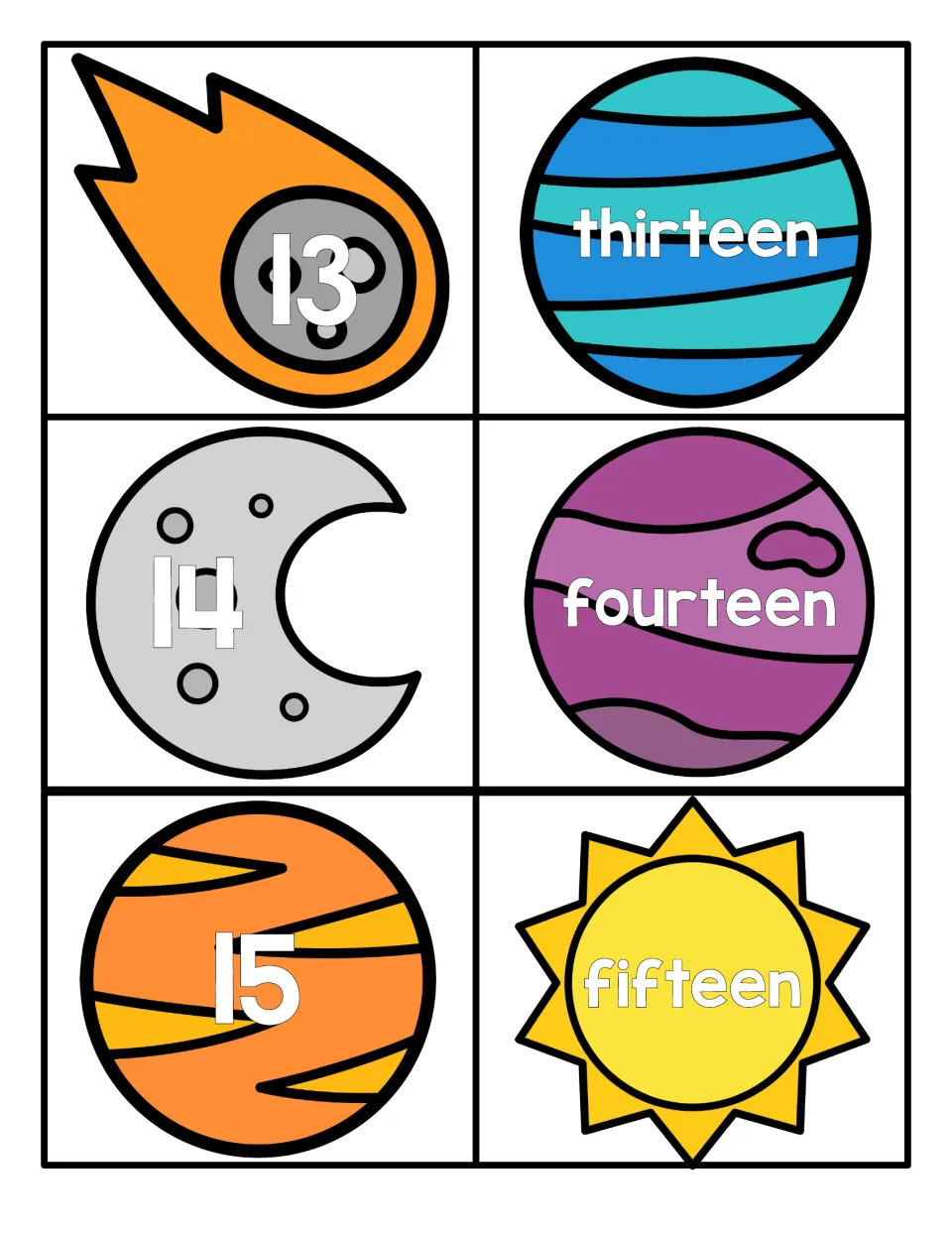 Numbers 13 to 15: numeral cards on comet, moon and planet with word cards thirteen, fourteen, fifteen to match teen numbers