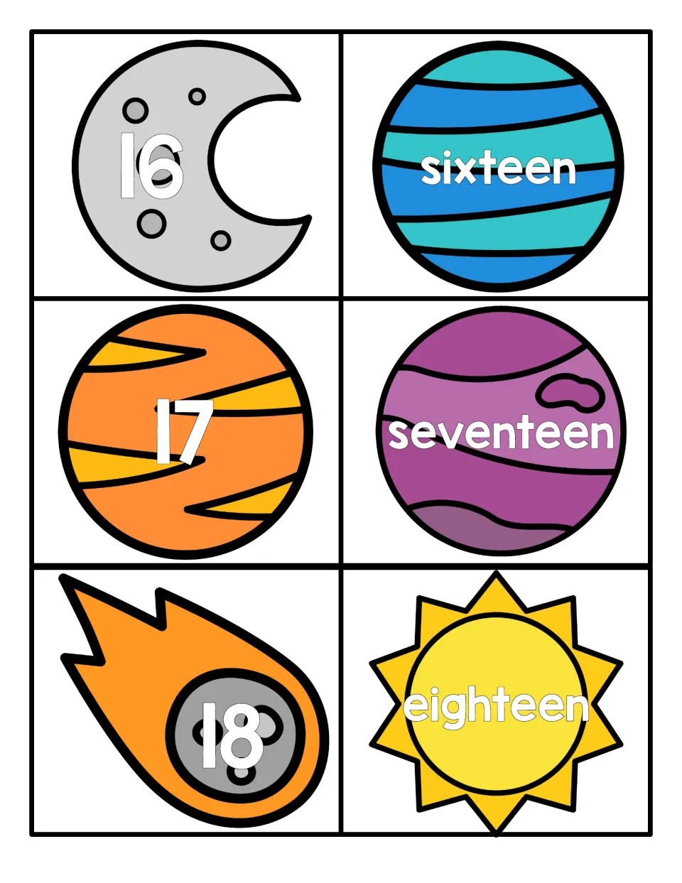 Numbers 16 to 18: numerals on moon, planet and comet with word cards sixteen, seventeen, eighteen for teen number matching