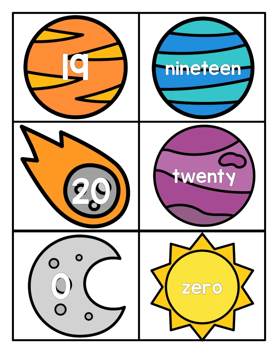 Numbers 19, 20 and 0: numeral cards on planet, comet and moon with word cards nineteen, twenty and zero for matching