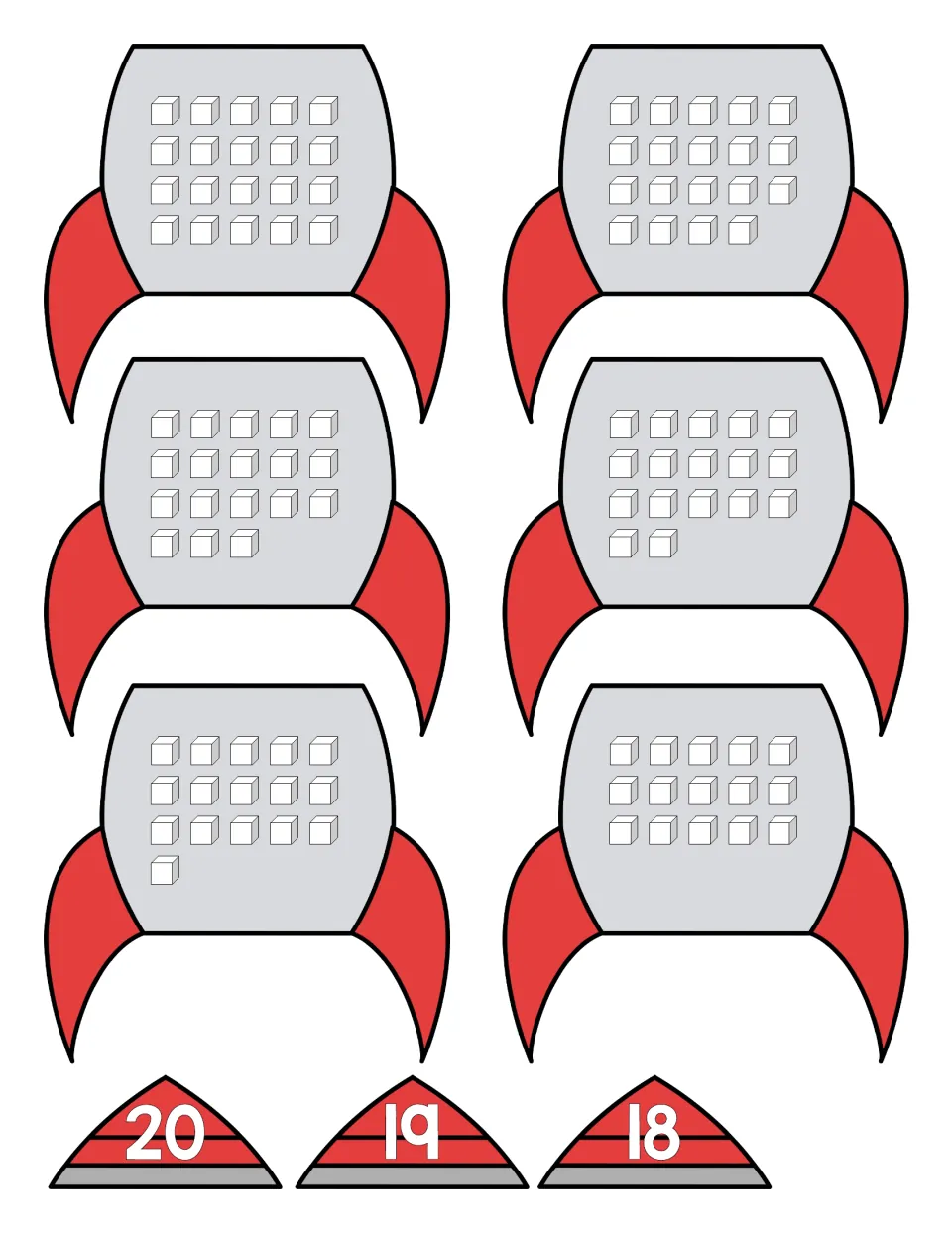 Rocket counting puzzle cut-out pieces: six rocket bodies showing 15 to 20 cubes, plus nose cones numbered 20, 19 and 18