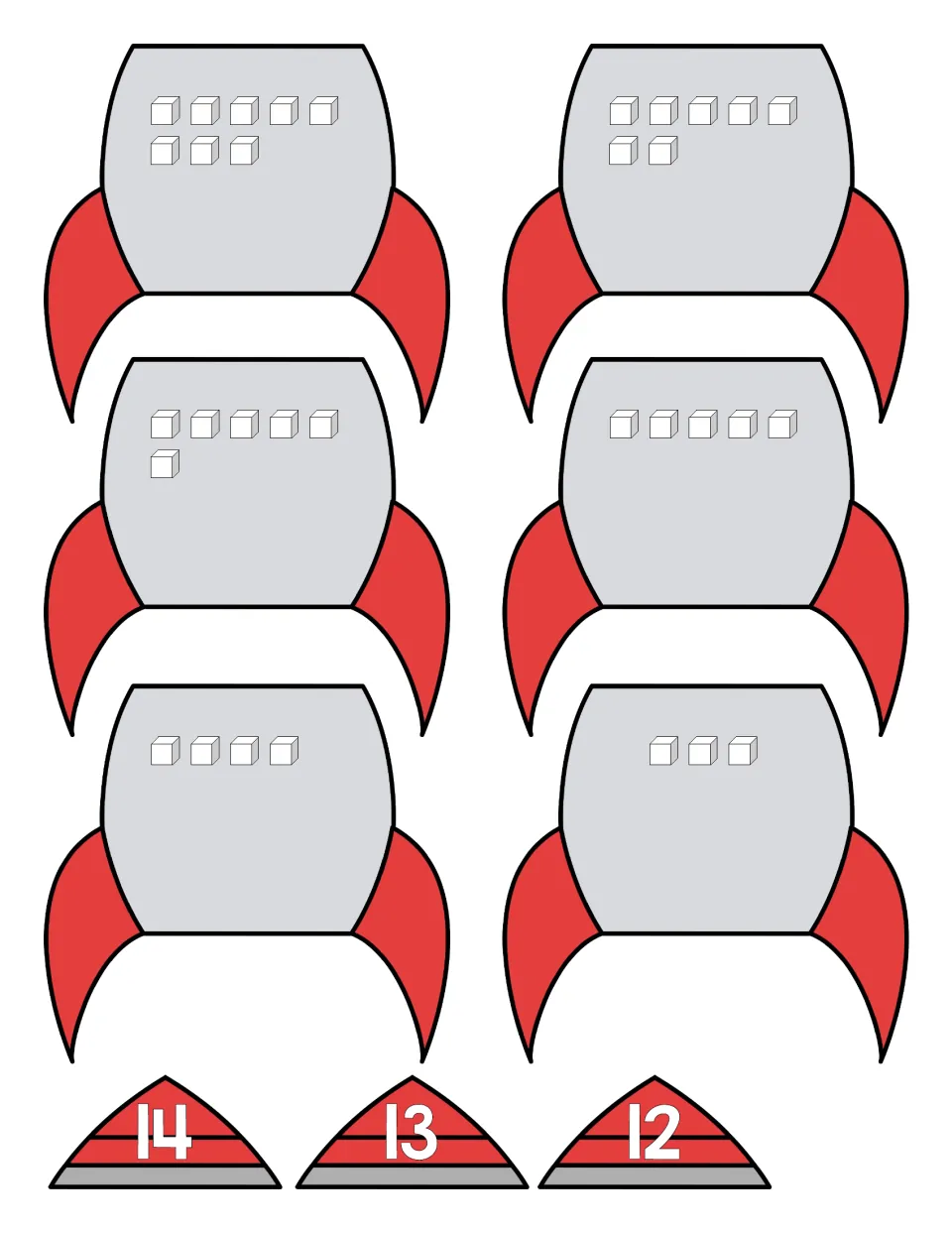 Counting cubes cut-out pieces: rocket bodies with 3 to 8 cubes for students to count, plus nose cones numbered 14, 13, 12