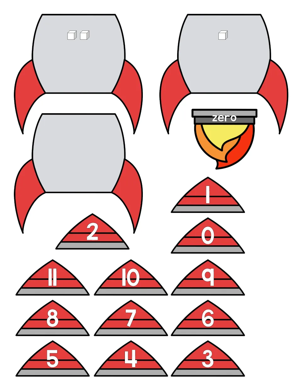 Rocket cut-out pieces for 0 to 2: bodies with 2, 1 and no cubes, a flame labeled zero, and nose cones numbered 0 to 11