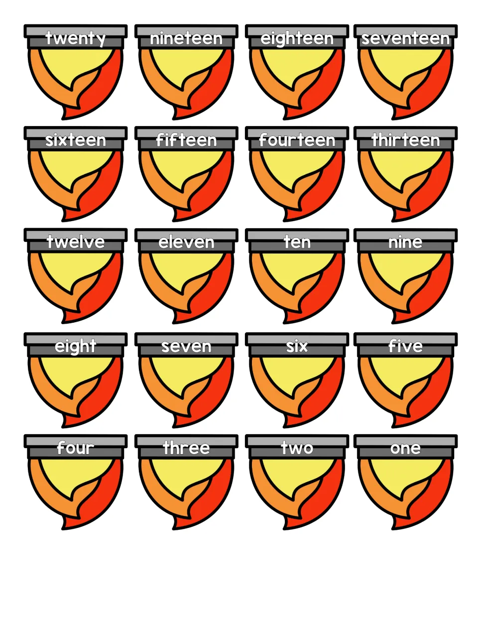 Number word cut-out pieces: twenty rocket flames labeled with the words one through twenty to match with each numeral