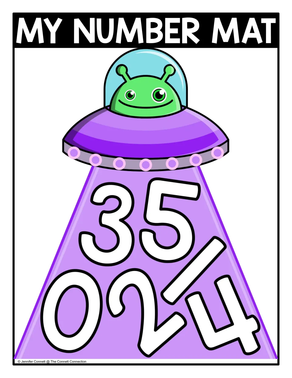 My Number Mat, color: alien in a purple UFO beams down numbers 0 to 5 for students to seek, find and identify