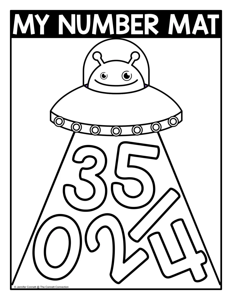 My Number Mat, black and white: outlined alien UFO beaming numbers 0 to 5 for students to find, identify and color