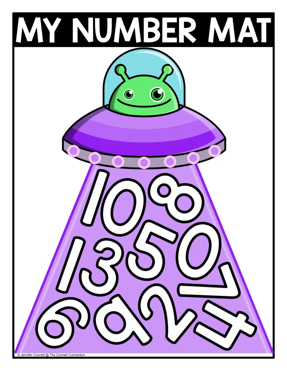 My Number Mat, color: alien UFO beam holds jumbled, tilted numbers 0 to 10 for students to locate and name