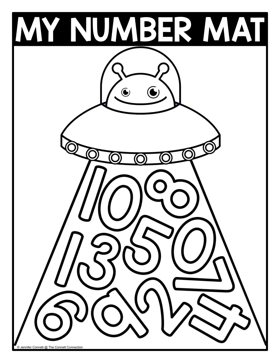 My Number Mat, black and white: tilted outlined numbers 0 to 10 in an alien's UFO beam to find and color in