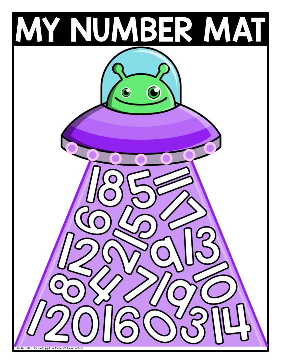My Number Mat, color: alien UFO beam packed with mixed numbers 0 to 20, including teen numbers, to seek and find