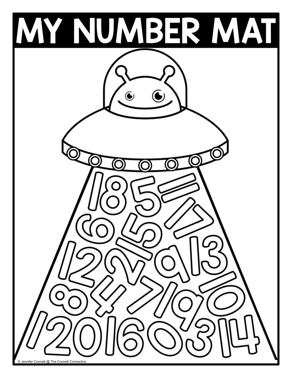 My Number Mat, black and white: crowded outlined numbers 0 to 20 in an alien UFO beam for teen number recognition