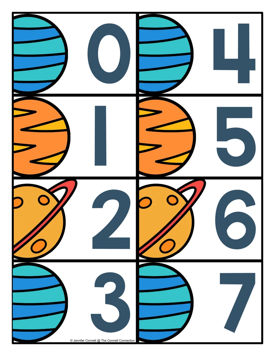 Number cards 0 to 7, each showing a large numeral beside a striped or ringed planet, to cut apart for calling numbers