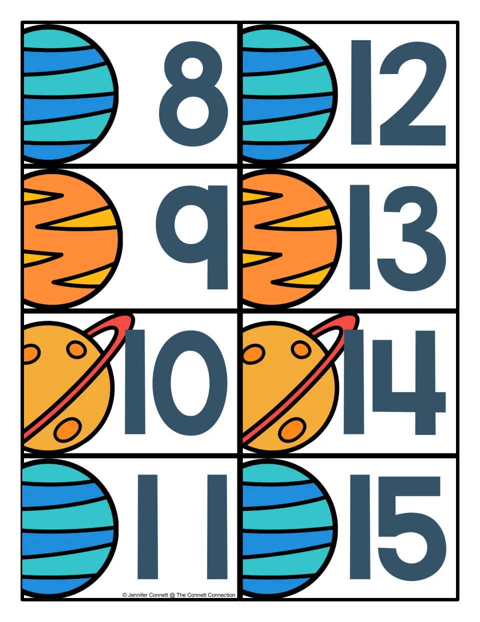 Number cards 8 to 15 with planet pictures: large numerals including teen numbers 11 to 15 to cut out and draw