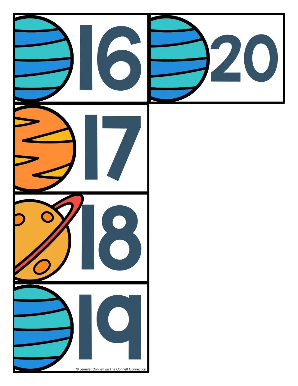 Number cards 16 to 20, each pairing a large numeral with a planet picture, completing the space-themed card set
