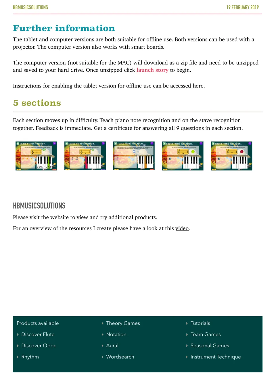 Setup notes for offline, projector and smart board use, with screenshots of 5 treble clef note sections that get harder