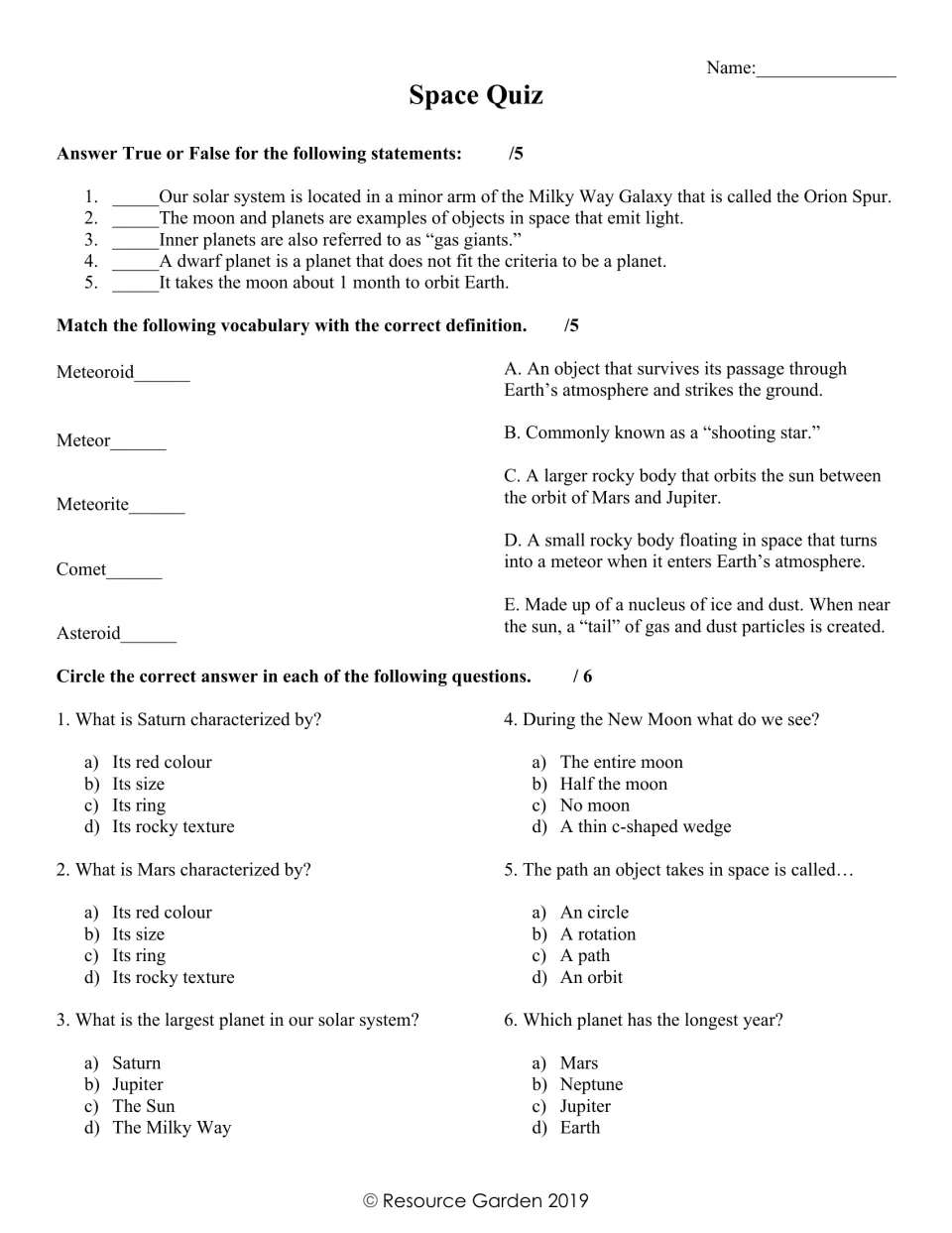 Space quiz: true/false on solar system, matching meteor and comet terms, and multiple choice on planets and moon phases