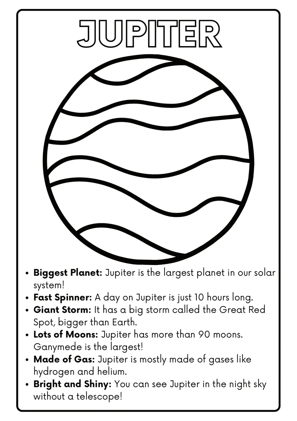 Jupiter coloring page: students color a striped Jupiter and read 6 facts on its size, Great Red Spot, 90+ moons and gases