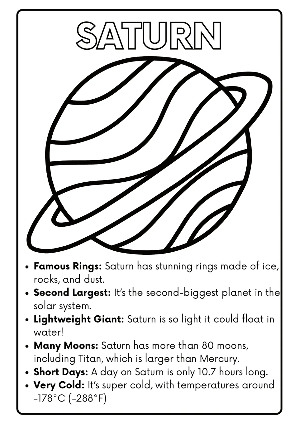 Saturn coloring page: students color the ringed planet and read 6 facts on its icy rings, Titan, floating and cold