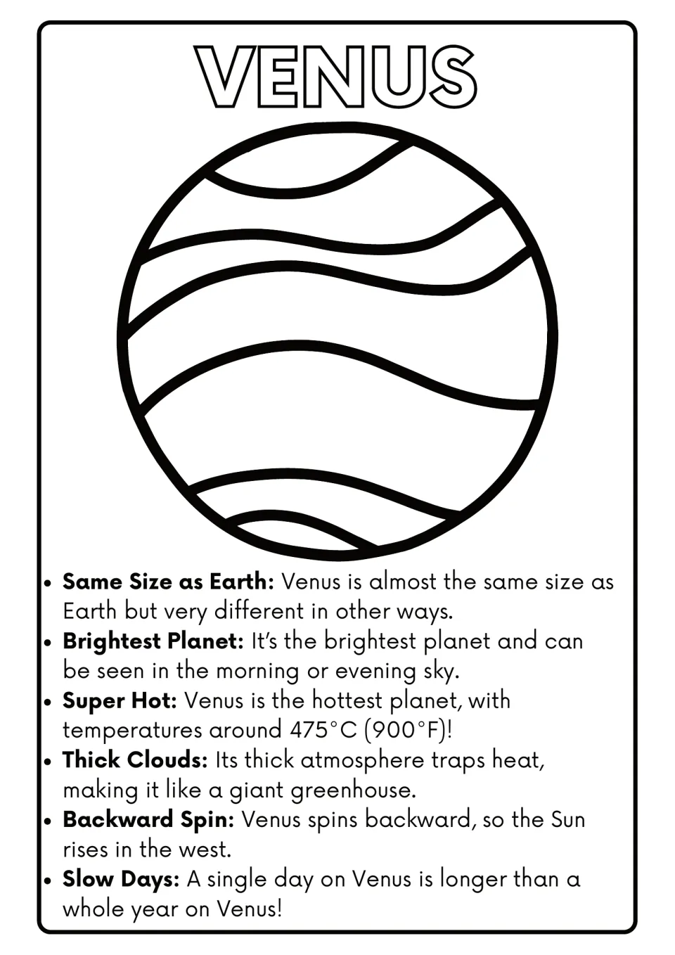 Venus coloring page: students color Venus and read 6 facts on its heat, thick clouds, backward spin and very slow days