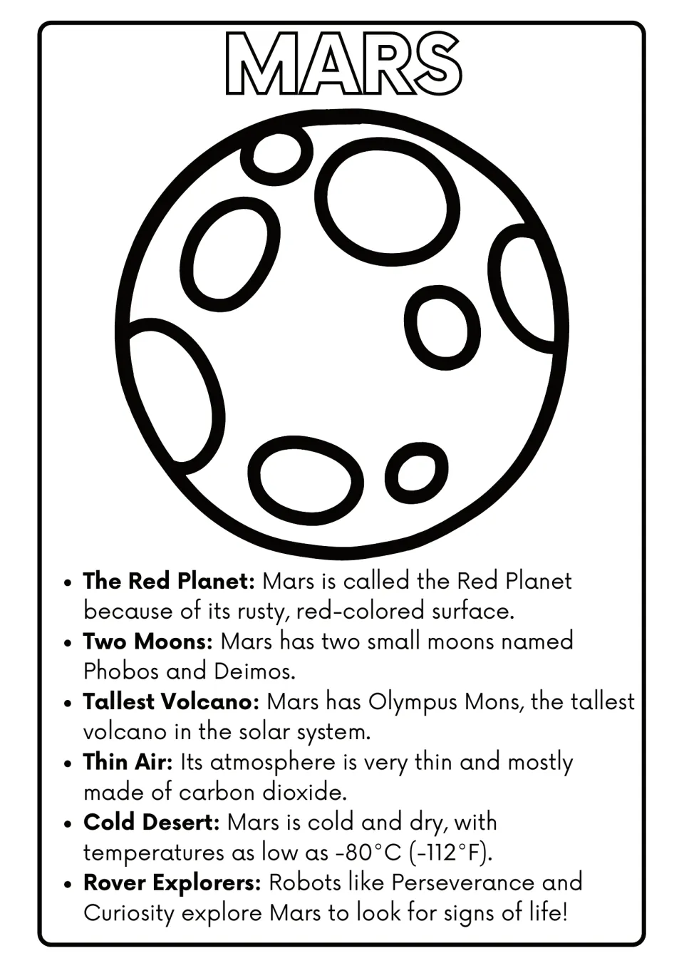Mars coloring page: students color a cratered Mars and read 6 facts on its red surface, two moons, Olympus Mons and rovers