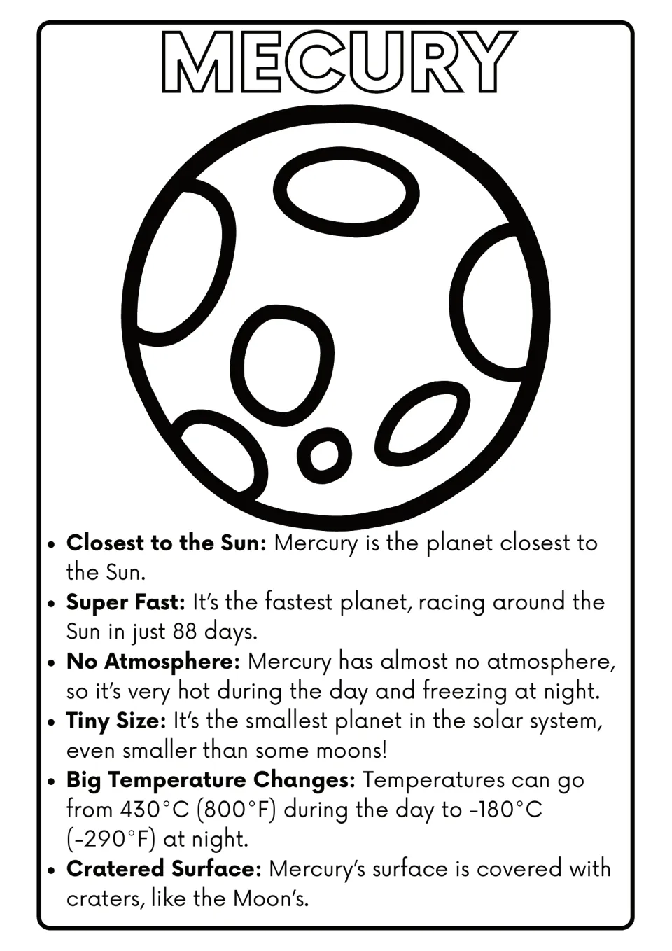 Mercury coloring page (heading spelled Mecury): color it and read 6 facts on its 88-day orbit, craters and temperatures