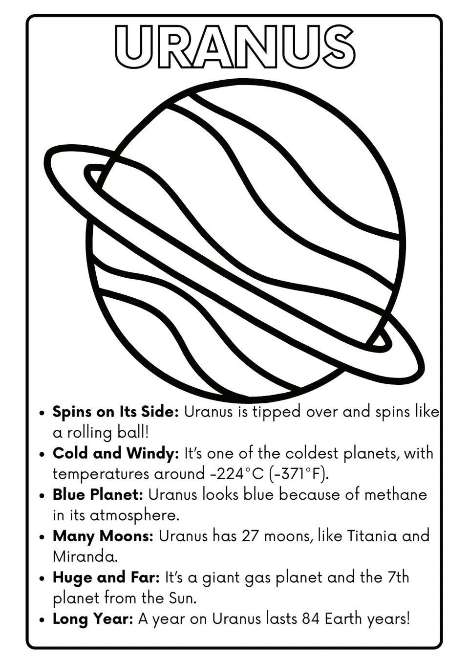 Uranus coloring page: students color the tilted planet and read 6 facts on its sideways spin, blue color and 27 moons