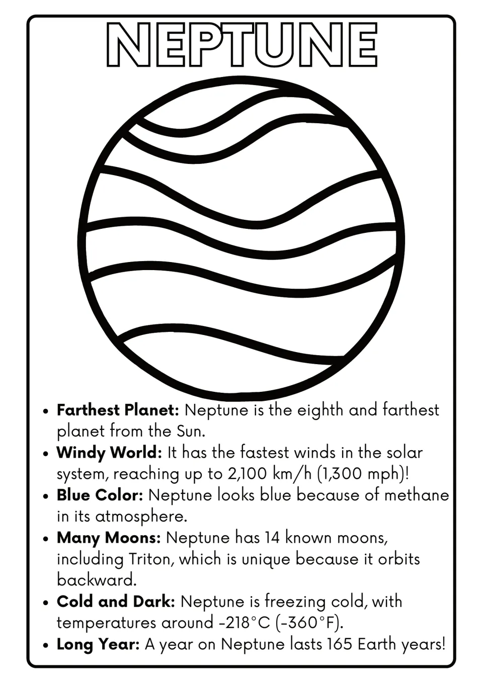 Neptune coloring page: students color Neptune and read 6 facts on its distance, fastest winds, Triton and 165-year orbit