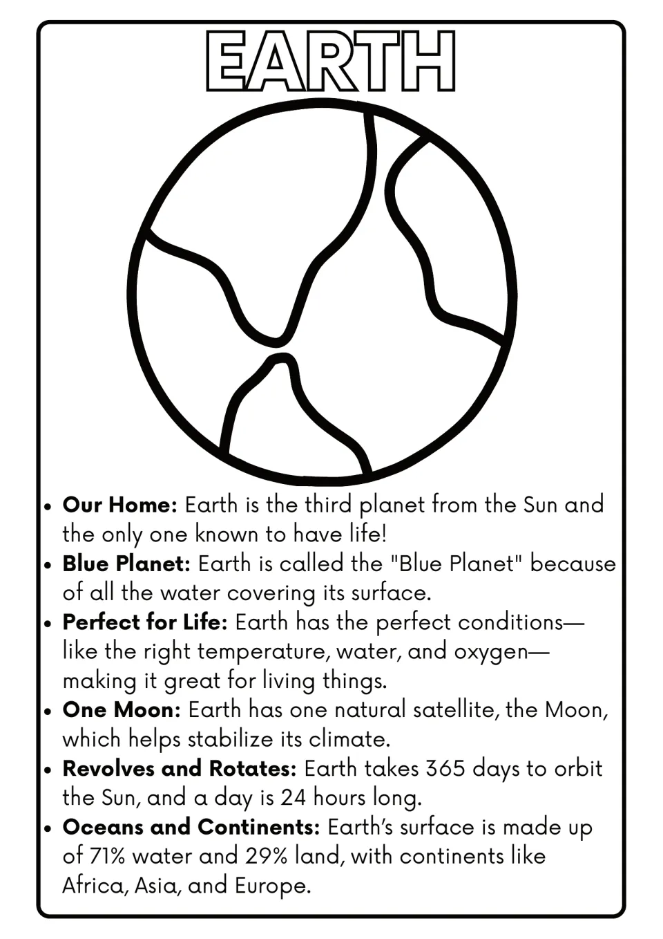 Earth coloring page: students color Earth's continents and read 6 facts on life, one Moon, a 365-day orbit and 71% water