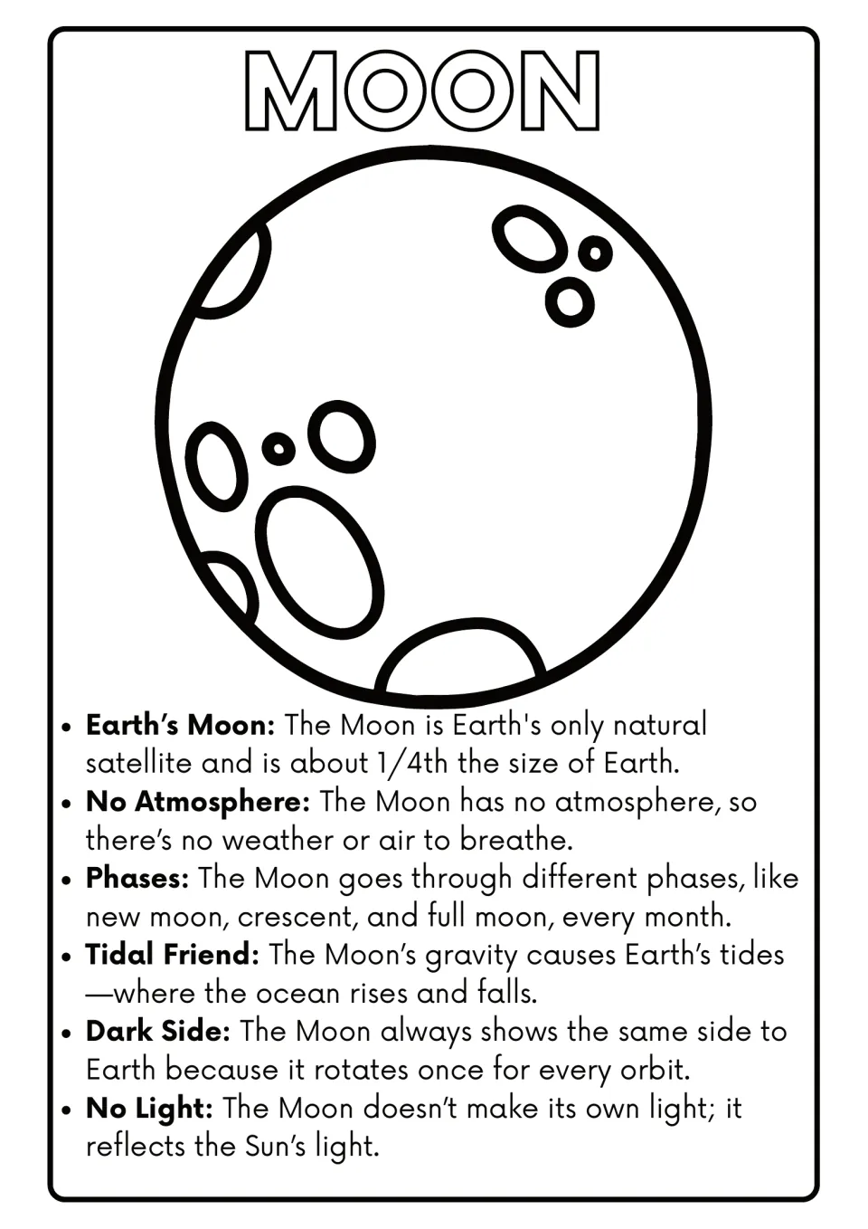 Moon coloring page: students color a cratered Moon and read 6 facts on its size, phases, tides and reflected sunlight