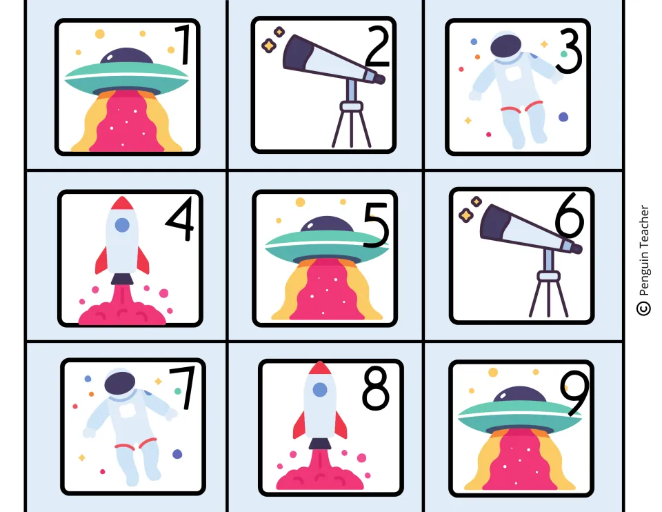 Calendar date cards 1 to 9, each with a space picture: flying saucer, telescope, astronaut or rocket, to cut apart