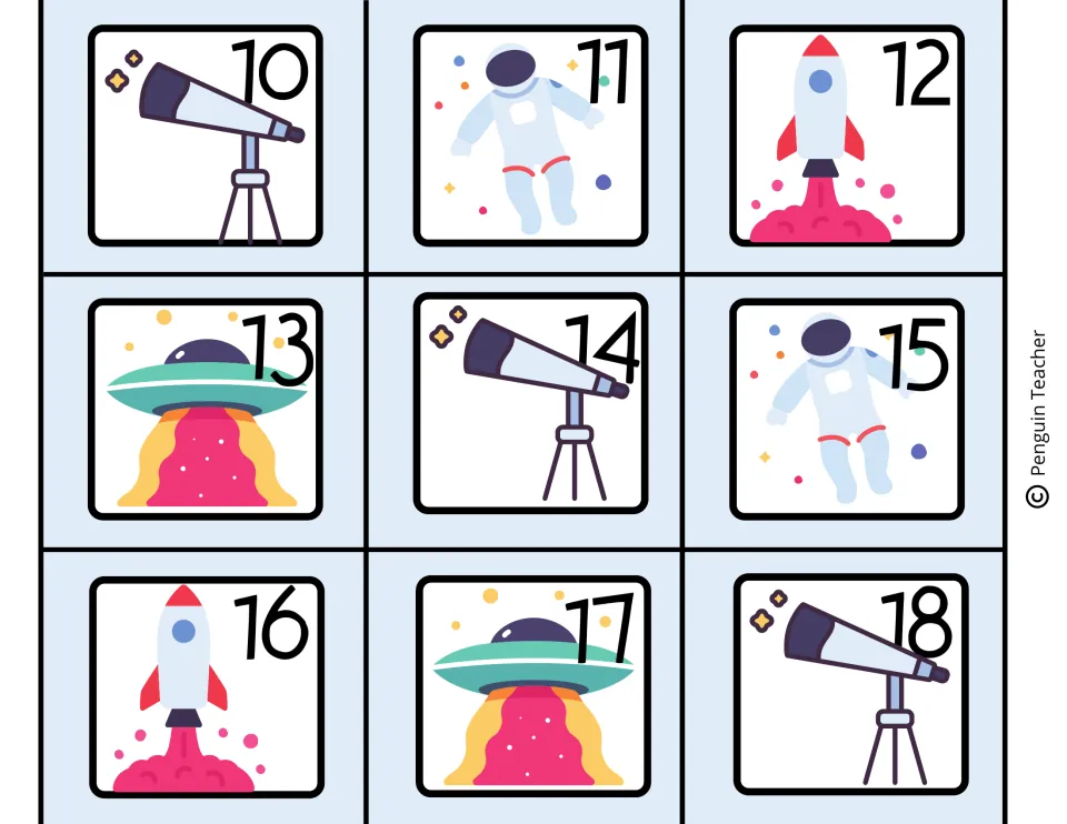 Date cards numbered 10 through 18 showing telescopes, astronauts, rockets and flying saucers for a classroom calendar